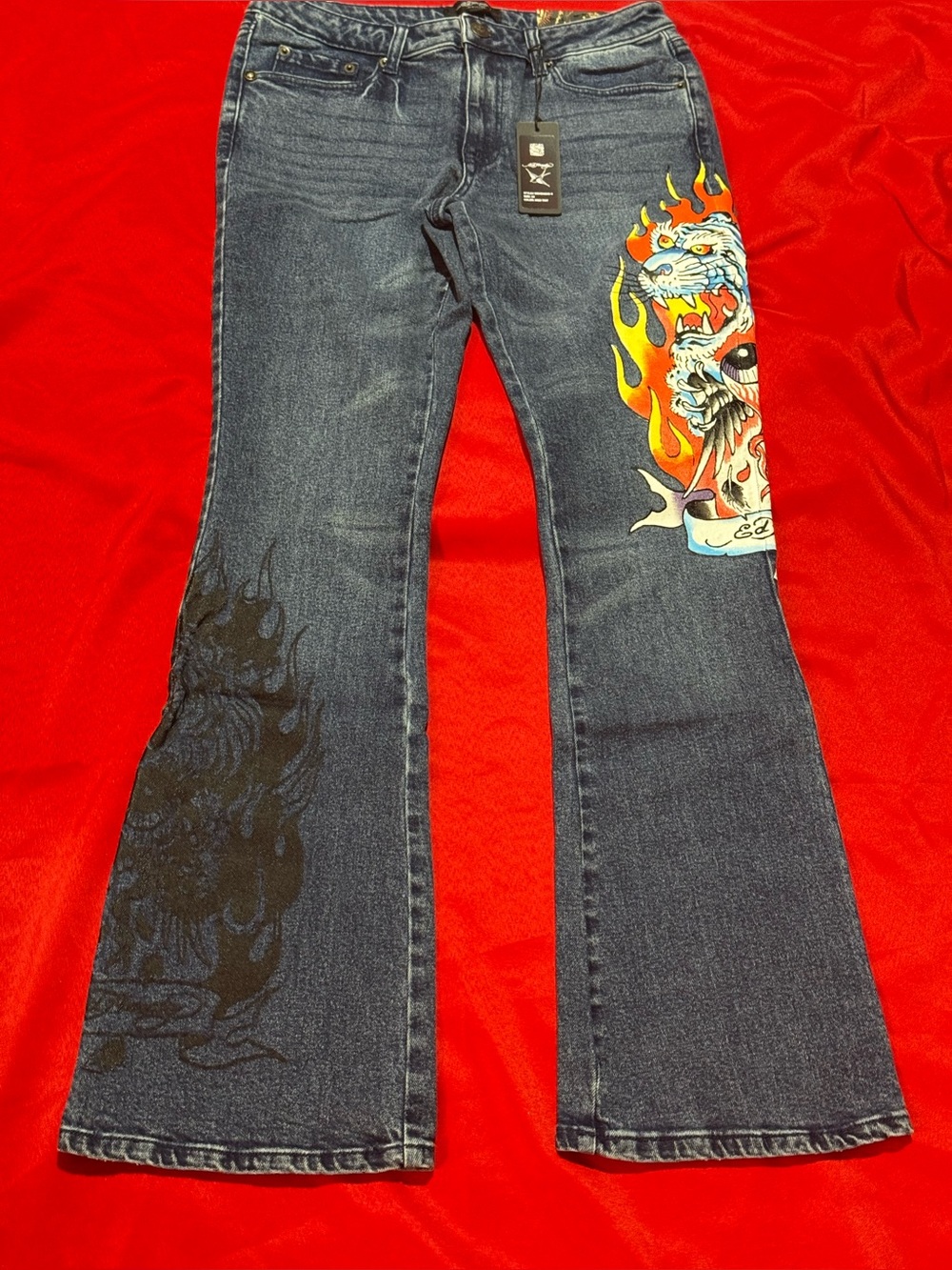 Ed Hardy Dark Blue Wide Leg Jeans with Colorful Flame Tiger Art